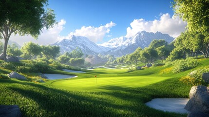 Serene golf course with lush greenery and snow-capped mountains under a clear blue sky