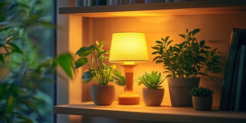 A warm candle-lit shelf with decorative plants and books, creating a cozy and minimalist home atmosphere. Ideal for interior design, relaxation, and lifestyle concepts.