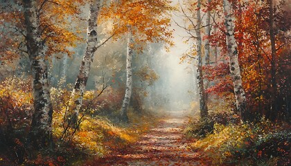 Misty forest path surrounded by autumn trees, blanketed in vibrant fallen leaves, creating a peaceful setting