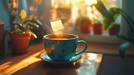 Steaming cup of tea on sunlit table surrounded by houseplants