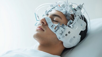Young man with advanced sleep device in futuristic medical setting for sleep study or therapy