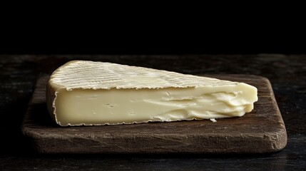 Slice of creamy, soft-ripened cheese with a delicate rind, placed on a rustic wooden board against a dark background for a dramatic gourmet presentation