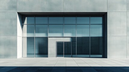 Modern architectural entrance with large glass windows and concrete facade in a minimalist design