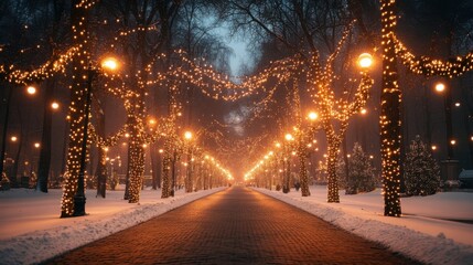 Snowy park path with glowing string lights creating magical winter atmosphere at dusk