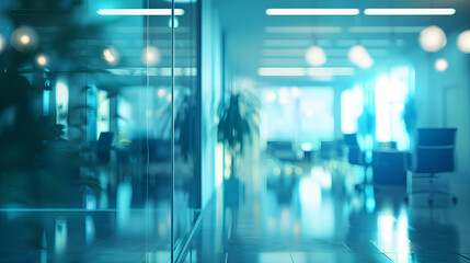 A blurred view of a modern office space with plants and soft lighting.