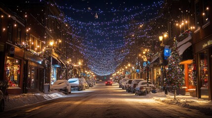 Festive snowy street with colorful christmas lights and snow-covered cars at night