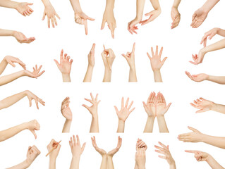 White man hands showing symbols and gestures, like, offering isolated on white background. Set of male hands.