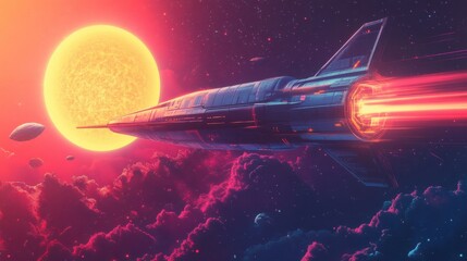 Obraz premium Futuristic spaceship soaring near glowing sun in deep space with vibrant colors and stars