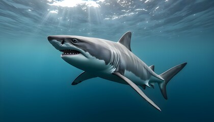Fototapeta premium A large shark swims gracefully in deep blue waters, illuminated by sunlight filtering through the surface, showcasing its sleek body and distinct features.