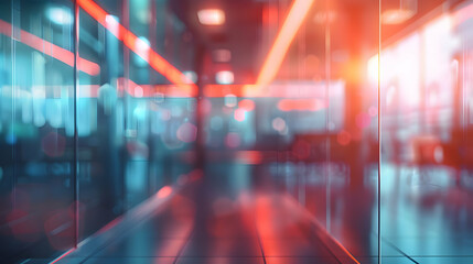 Fototapeta premium A modern, illuminated corridor with vibrant lighting and reflections.