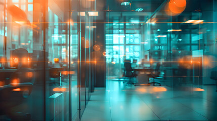 Fototapeta premium A modern office space with glass walls and a vibrant, dynamic atmosphere.