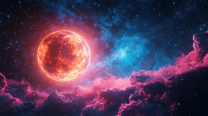 Obraz premium Red planet with glowing aura surrounded by nebula and stars in deep space