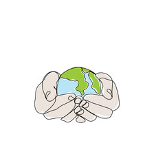 Continuous one line art drawing hands hold Earth globe. Save and protect earth planet linear concept. Vector illustration isolated on white background.