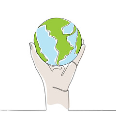 Continuous one line art drawing hands hold Earth globe. Save and protect earth planet linear concept. Vector illustration isolated on white background.