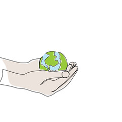 Continuous one line art drawing hands hold Earth globe. Save and protect earth planet linear concept. Vector illustration isolated on white background.