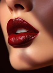 A side view of perfectly painted burgundy lips, shimmering with rich hues and dramatic lighting. Captures moisture highlights, smooth texture, and artistic depth for beauty and editorial use.