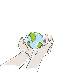 Continuous one line art drawing hands hold Earth globe. Save and protect earth planet linear concept. Vector illustration isolated on white background.