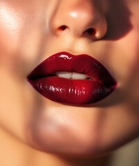 A stunning close-up of perfectly painted burgundy lips, shimmering with light and shadow. Editorial-quality detail highlights moisture, curves, and precise lip lines.