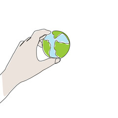 Continuous one line art drawing hands hold Earth globe. Save and protect earth planet linear concept. Vector illustration isolated on white background.