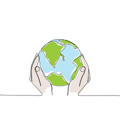 Continuous one line art drawing hands hold Earth globe. Save and protect earth planet linear concept. Vector illustration isolated on white background.