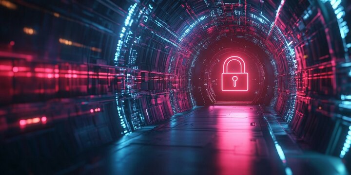 A futuristic glowing lock symbolizing cybersecurity, digital protection, and data privacy. Perfect for illustrating online safety, encryption, and technology security concepts.