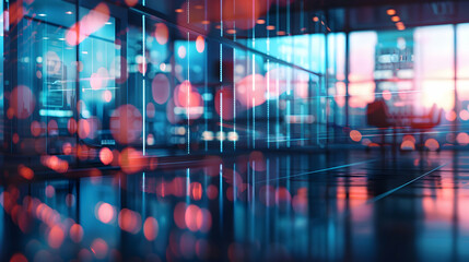 Fototapeta premium A modern office space with vibrant lighting and reflections creating a dynamic atmosphere.