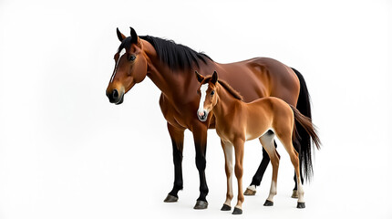 A mother horse and her foal are displayed against a bright white background, highlighting their strong connection and gentle demeanor.