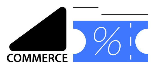 Black commerce icon beside a blue coupon with a percentage sign. Ideal for marketing, e-commerce, retail, discounts, sales, promotions, shopping websites and business materials. Abstract line flat