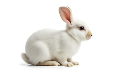 Fototapeta premium A fluffy white rabbit sits comfortably, showcasing its soft fur and gentle demeanor. The bright light enhances the rabbit's features, creating a peaceful atmosphere.