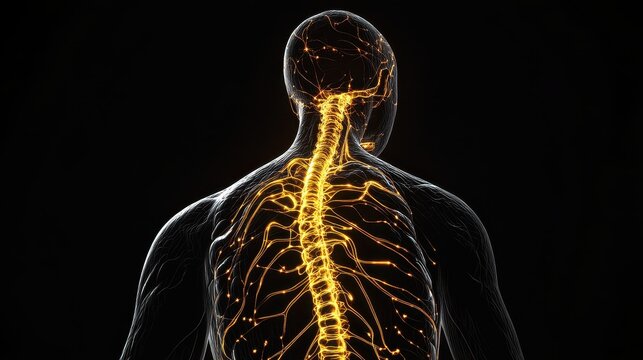 Nervous system, brain and spinal cord highlighted, intricate neuron pathways, 3D illustration. 