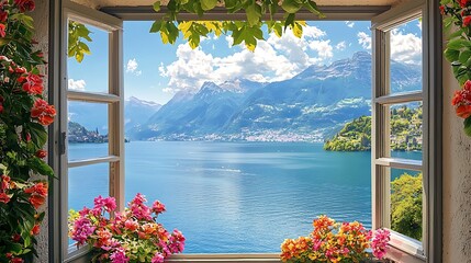 Open window framing a breathtaking lake and mountain view, complemented by blooming flowers on the sill