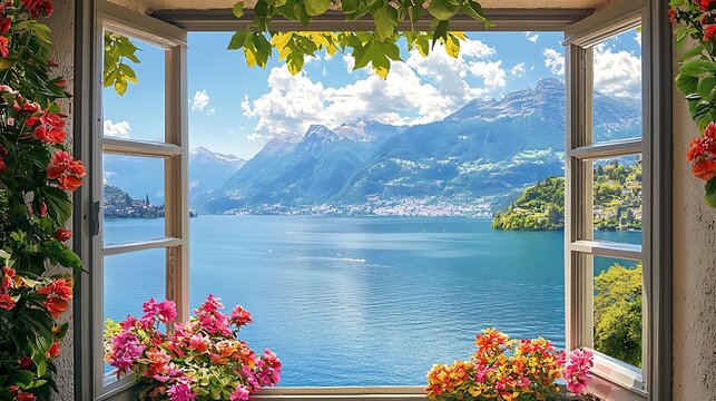 Open window framing a breathtaking lake and mountain view, complemented by blooming flowers on the sill