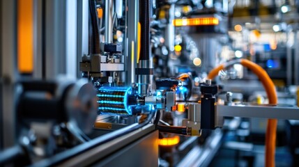 Fototapeta premium Automated robotic arm assembling electric motor components on a production line in a technologically advanced factory, showcasing innovation in manufacturing processes