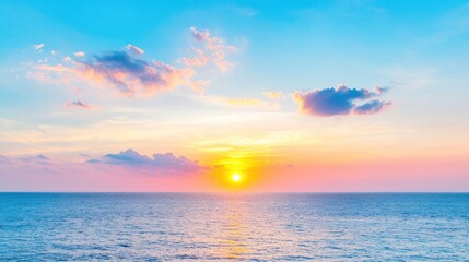 Naklejka premium Ocean sunset, colorful clouds, calm sea, tranquil scene, travel background