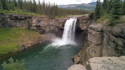 Fototapeta premium Powerful Waterfall Cascading Down Rocky Cliffs into Green Pool