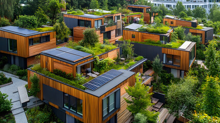 Fototapeta premium Energy-efficient houses with solar panels and green roofs, designed for sustainability and eco-friendly living, surrounded by a natural landscape.