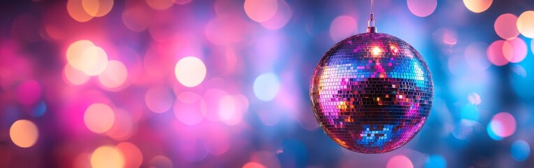 Fototapeta premium A vibrant disco ball reflecting colorful lights against a dreamy pink and purple background. Perfect for party invitations, club promotions, nightlife, and retro-themed visuals