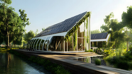 Obraz premium Energy-efficient smart home designed with solar panels, battery storage, and energy-saving solutions to create a sustainable and eco-friendly environment.