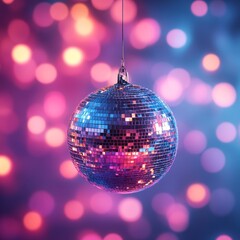 Obraz premium A vibrant disco ball reflecting colorful lights against a dreamy pink and purple background. Perfect for party invitations, club promotions, nightlife, and retro-themed visuals