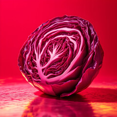 Obraz premium Beautifully Textured Red Cabbage with Intricate Layers and Vibrant Color on Reflective Surface Isolated Background