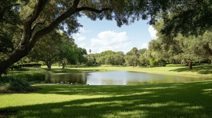 Obraz premium Tranquil Pond in a Lush Green Park Under a Partly Sunny Sky