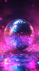 Obraz premium A vibrant disco ball reflecting colorful lights against a dreamy pink and purple background. Perfect for party invitations, club promotions, nightlife, and retro-themed visuals
