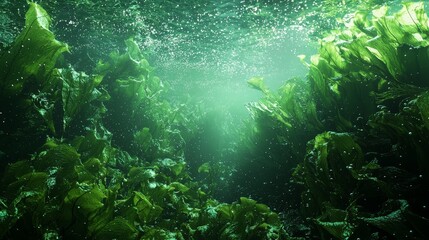 Obraz premium A detailed underwater view showcasing vibrant green kelp and shimmering bubbles, with sunlight creating a mosaic of light on the ocean floor, hyper-realistic digital art