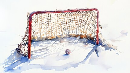 A detailed watercolor painting of a hockey goal with a puck nestled in the mesh, soft hues, white background, elegant and artistic