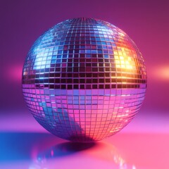 Obraz premium A vibrant disco ball reflecting colorful lights against a dreamy pink and purple background. Perfect for party invitations, club promotions, nightlife, and retro-themed visuals