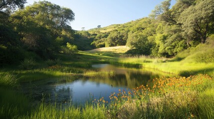 Tranquil Pond Landscape with Orange Flowers and Lush Greenery