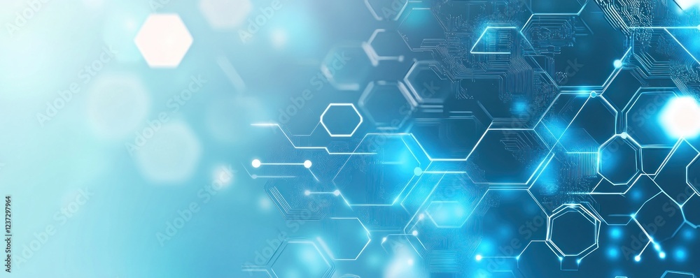 Wall mural abstract network of interconnected hexagonal nodes glowing in shades of blue