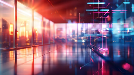 Fototapeta premium A futuristic interior with vibrant lighting and city views, suggesting innovation and modernity.