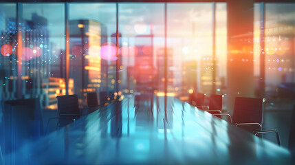 Fototapeta premium A modern conference room with a long table and city skyline views at sunset.