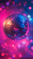 Obraz premium A vibrant disco ball reflecting colorful lights against a dreamy pink and purple background. Perfect for party invitations, club promotions, nightlife, and retro-themed visuals